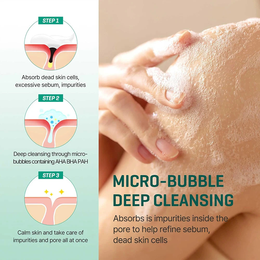 Micro-bubble deep cleansing process with step-by-step illustration and close-up of skin being cleansed.