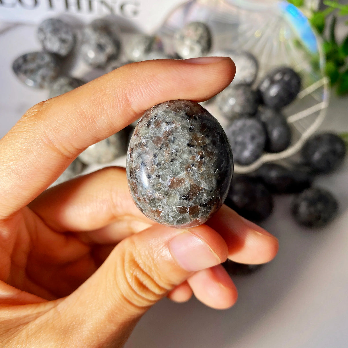 Hand holding a textured stone with a blurred background of more stones.