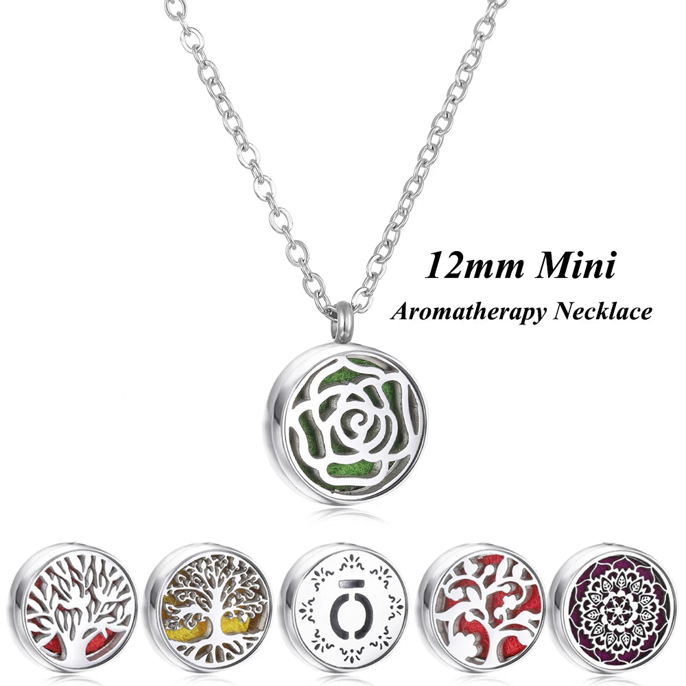 Silver aromatherapy necklace with rose design on a white background