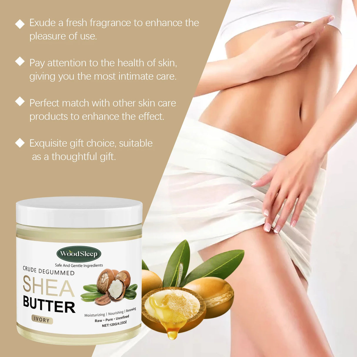 Shea butter jar with a person wearing a white skirt, text about shea butter benefits.