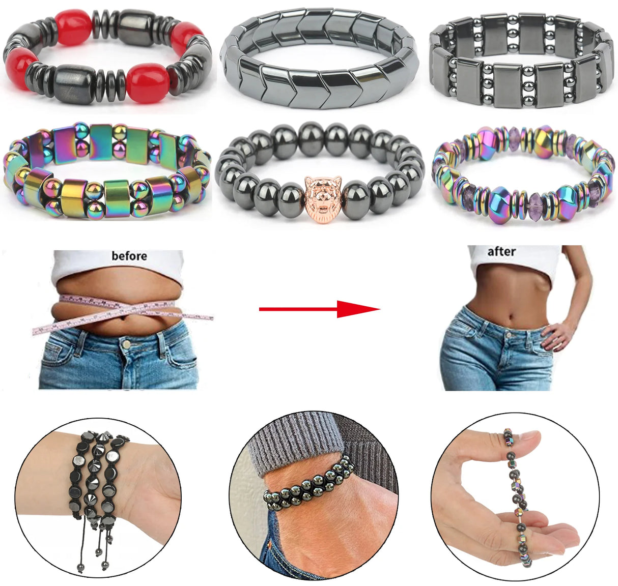 Collection of bracelets with before and after weight loss images, showing a person wearing them.