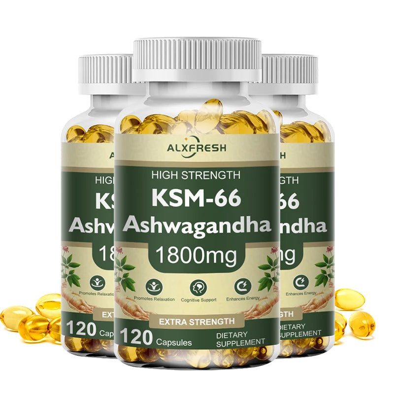 Three bottles of ALXFRESH KSM-66 Ashwagandha 1800mg dietary supplements on a white background.