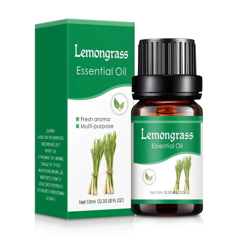 Lemongrass essential oil bottle and packaging on a white background