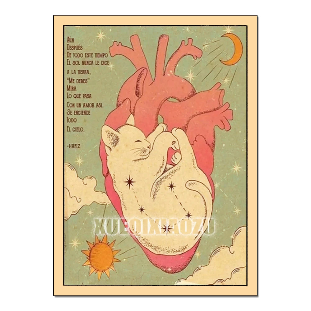 Vintage-style illustration of a heart with celestial elements and text on a green background.