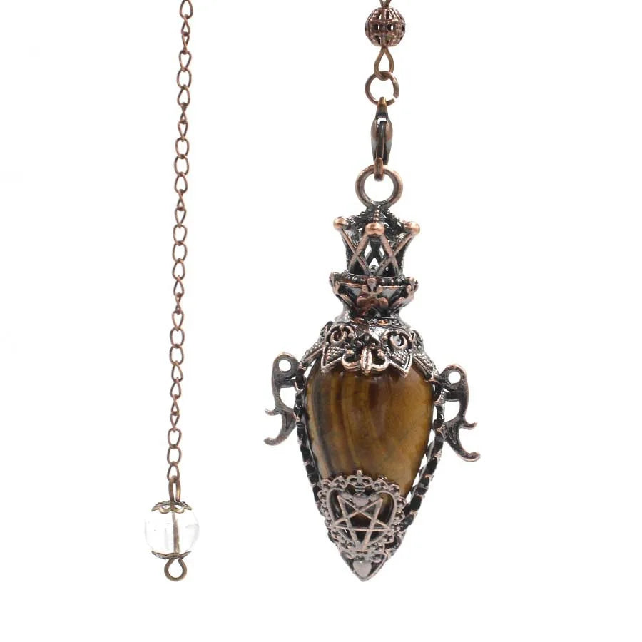 Decorative pendant with tiger's eye stone and chain on a white background