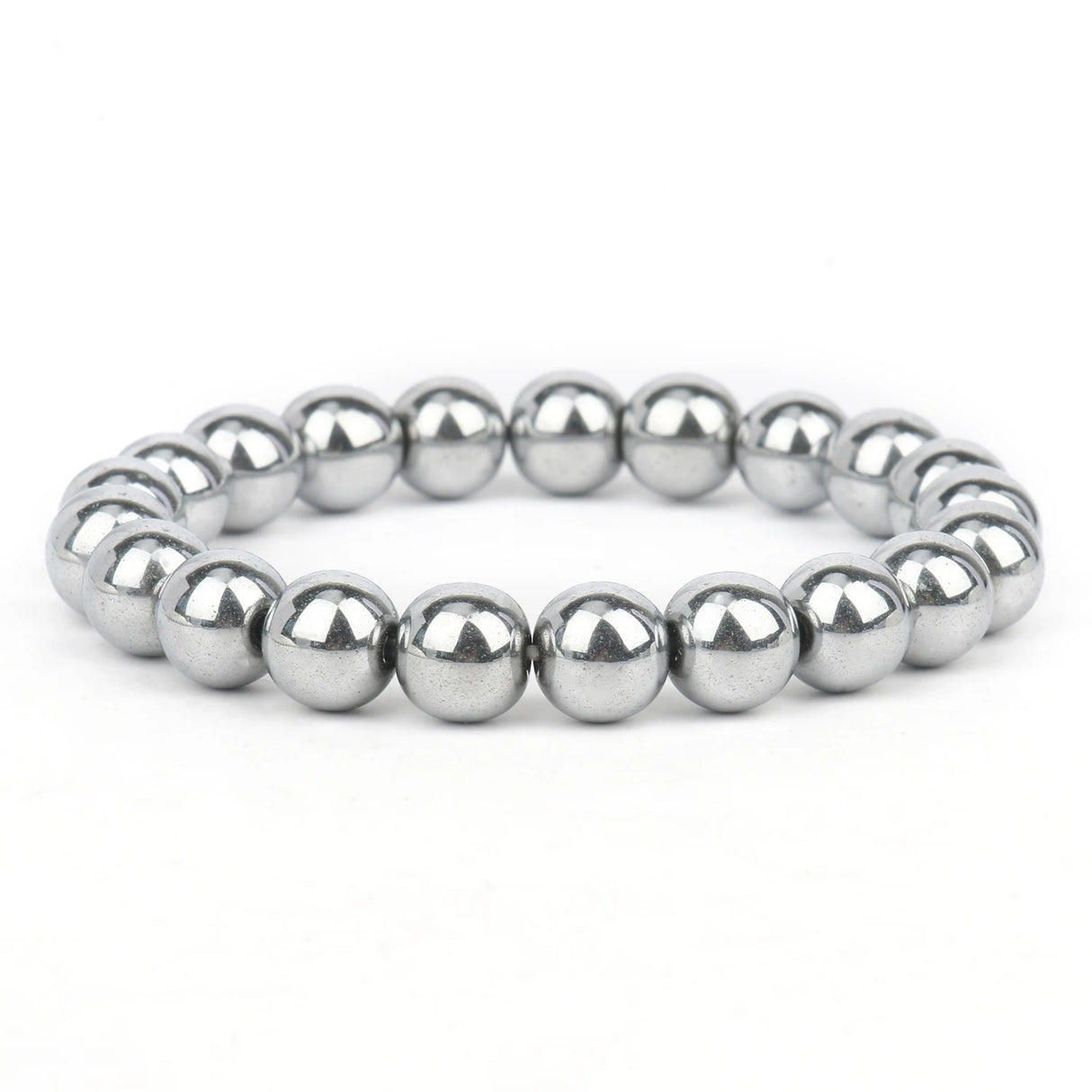 Silver beaded bracelet on a white background
