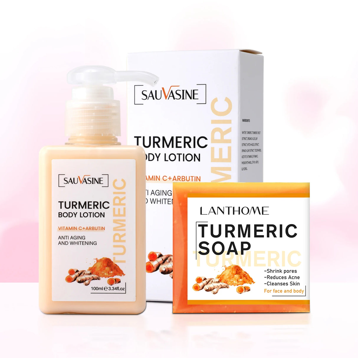 Sauvasine Turmeric body lotion and Lanthome Turmeric soap on a gradient background
