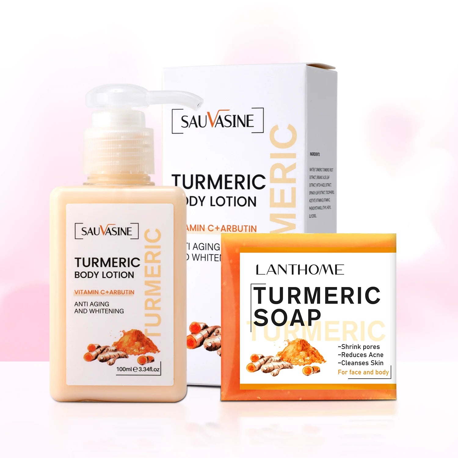 Sauvasine Turmeric body lotion and Lanthome Turmeric soap on a gradient background