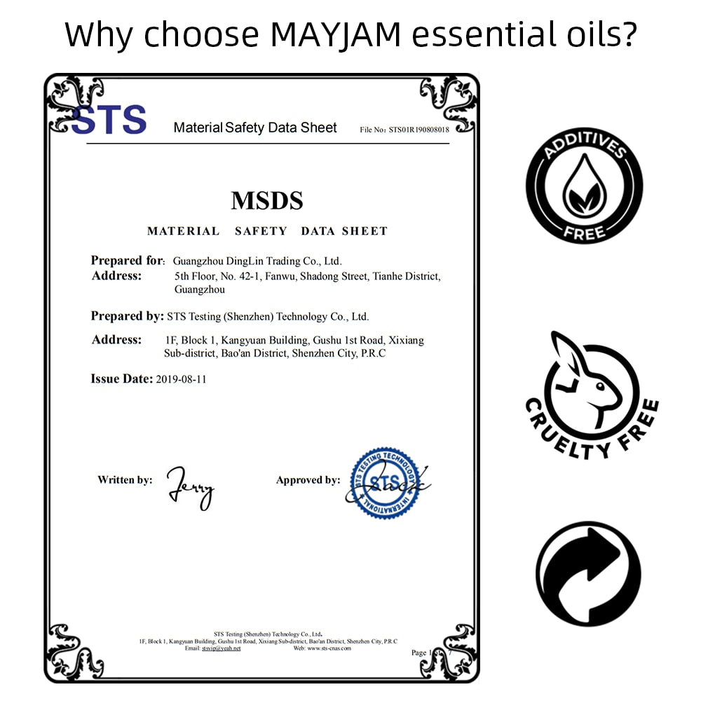 MAYJAM essential oils MSDS document with certification logos on a white background