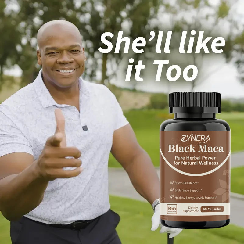 Man holding a bottle of Zynera Black Maca supplement with text 'She'll like it Too' in an outdoor setting.
