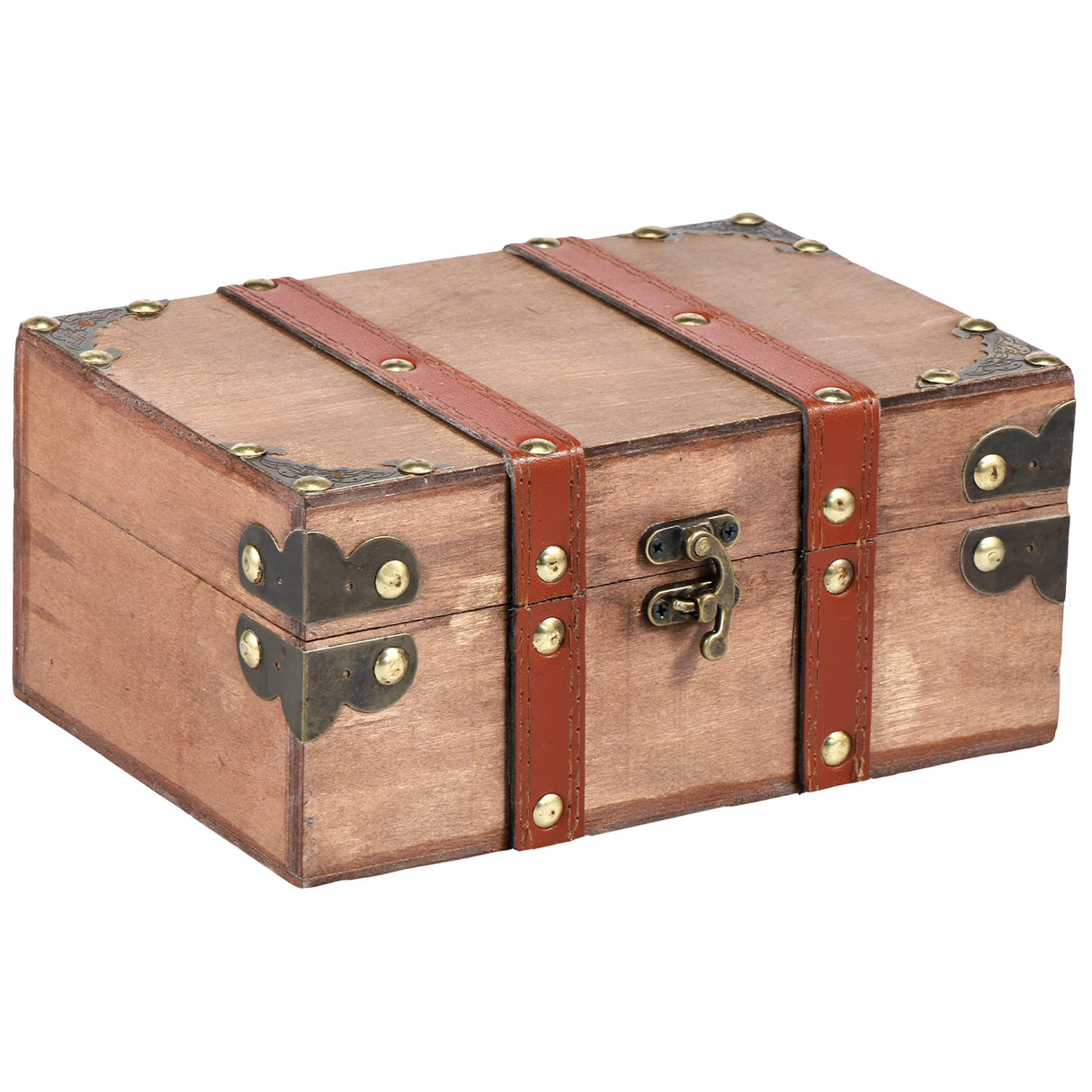Wooden treasure chest with leather straps and brass hardware on a white background