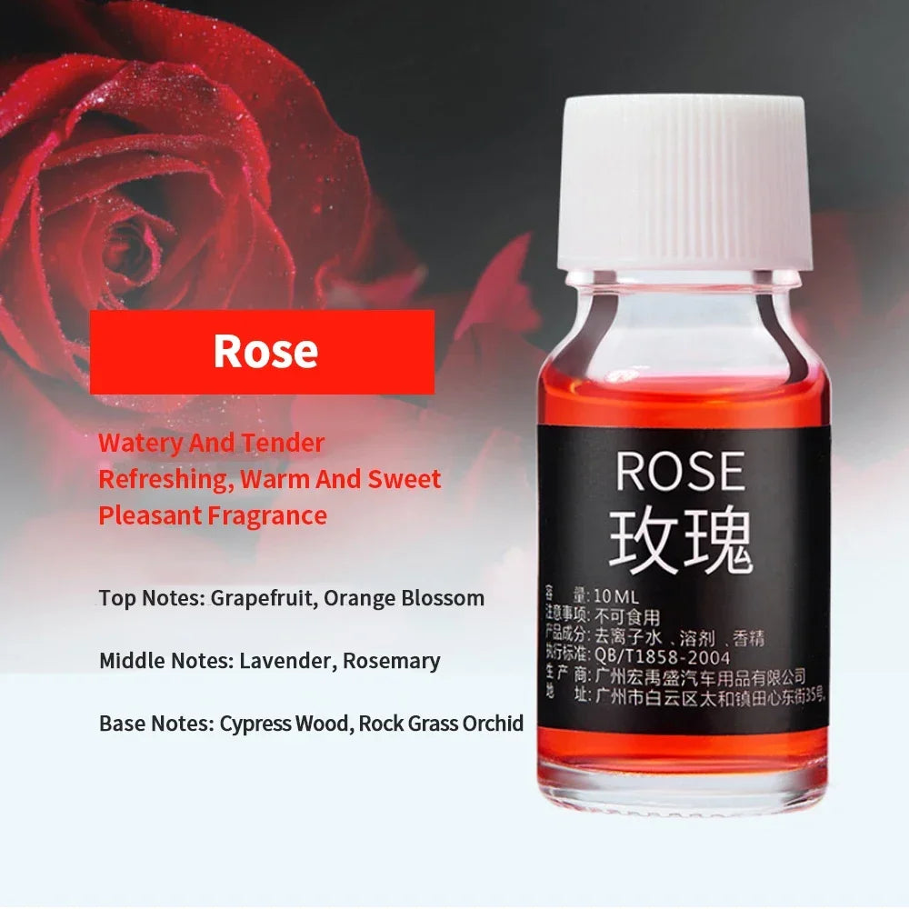 Bottle of rose-scented oil with a red rose in the background