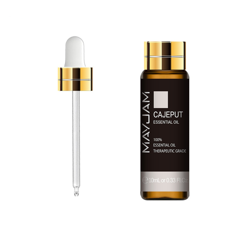 MayJam Cajeput essential oil bottle with dropper on a white background