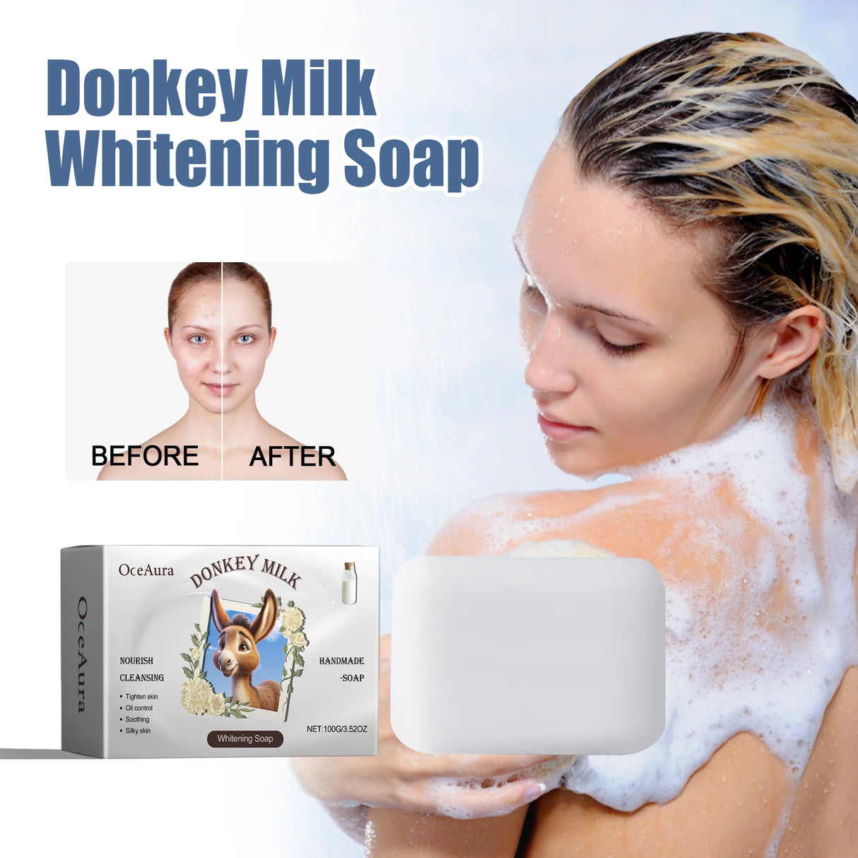 Donkey milk whitening soap with packaging and 'before' and 'after' effect on a woman's skin.