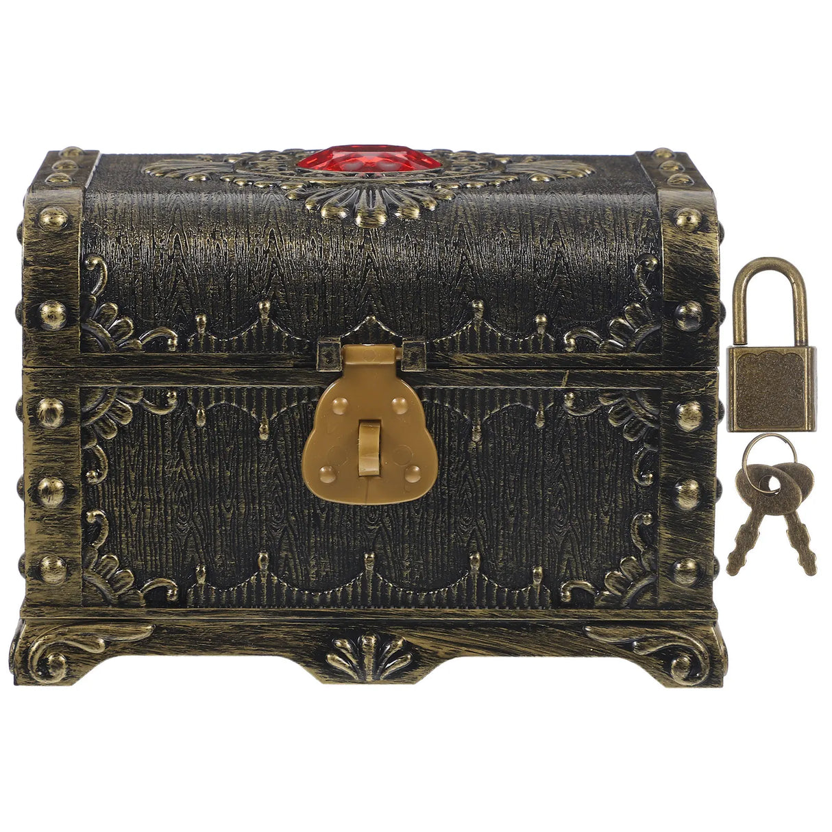 Decorative treasure chest with intricate designs and a padlock on a white background