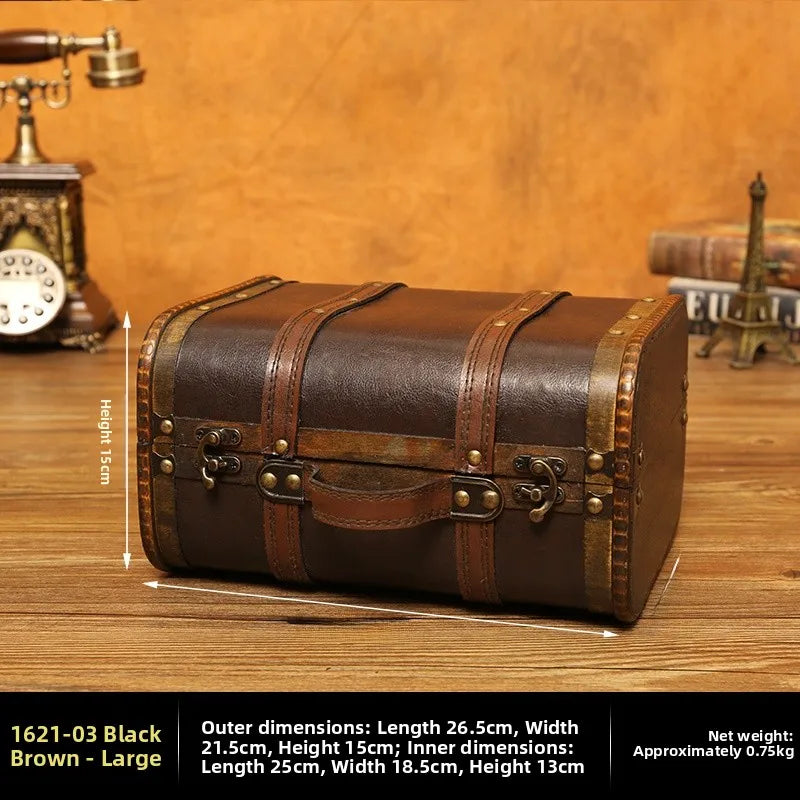 Vintage-style brown suitcase on a wooden surface with dimensions displayed.