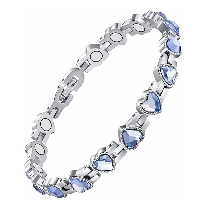 Silver bracelet with heart-shaped blue gemstones on a white background
