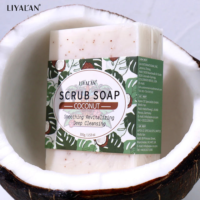 LIYALAN scrub soap bar in a coconut shell with a visible label.