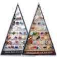 Two triangular displays of gemstones with labels on a white background