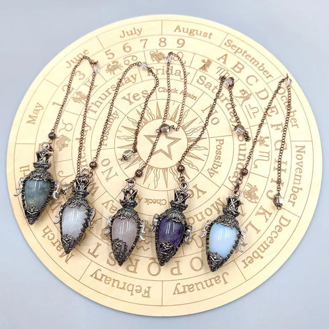 Set of five necklaces with gemstone pendants on a circular astrological chart background.