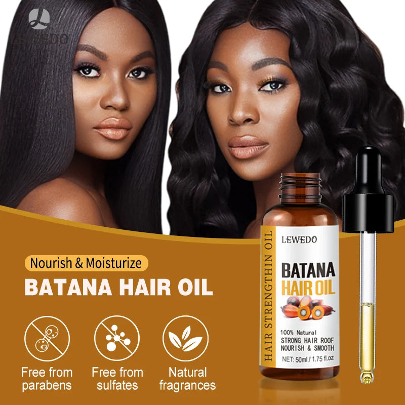 LEWEDO Batana Hair Oil with two models featuring healthy hair on a brown background