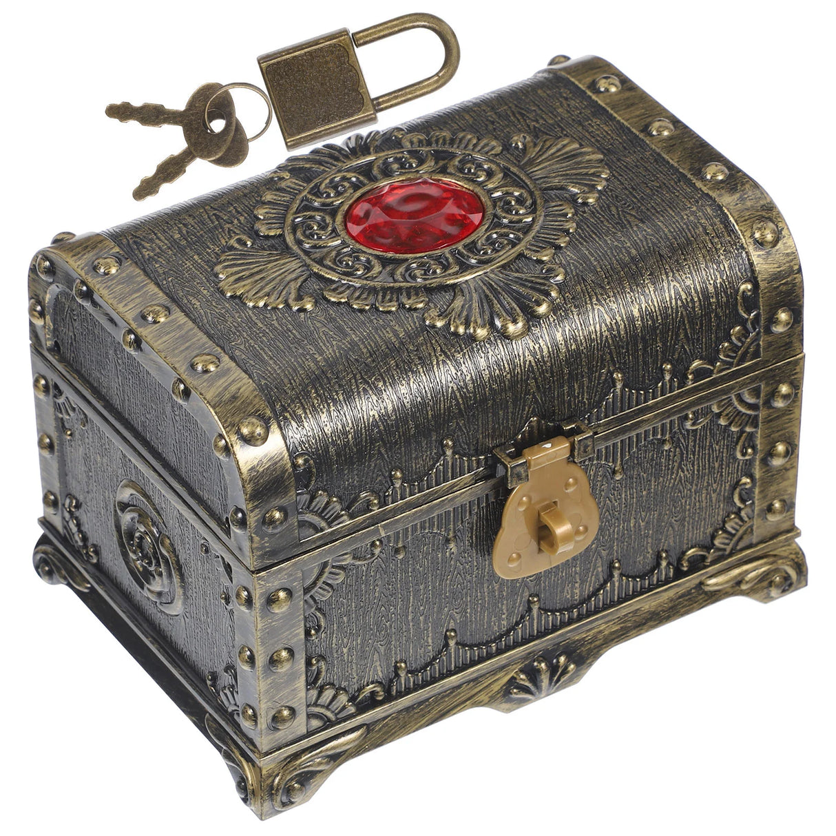 Decorative jewelry box with intricate designs and a red gemstone on a white background