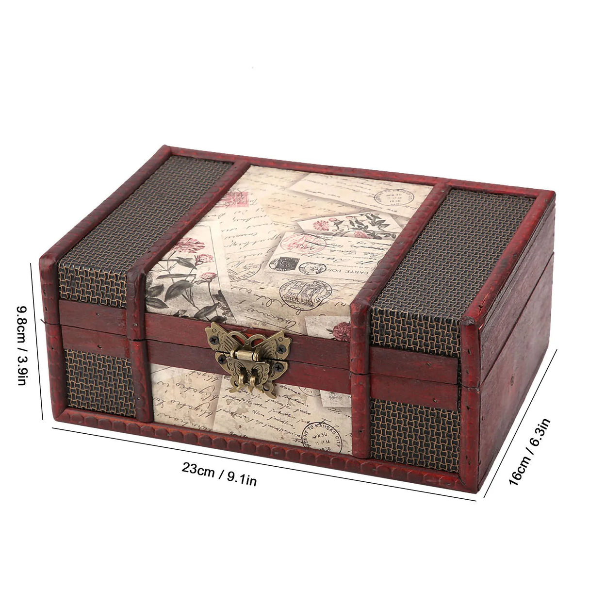 Wooden jewelry box with vintage design and dimensions on a white background