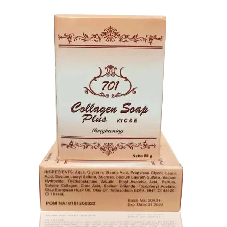 Box of Collagen Soap Plus with branding and product details on a white background