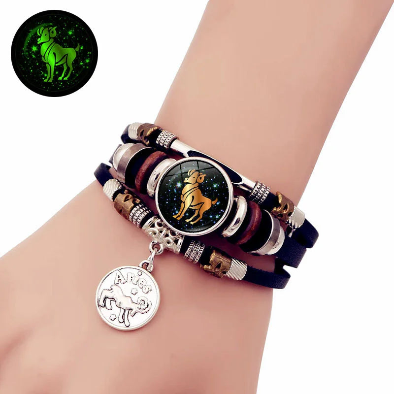 Luminous Zodiac Constellation Leather Bracelet – Unisex