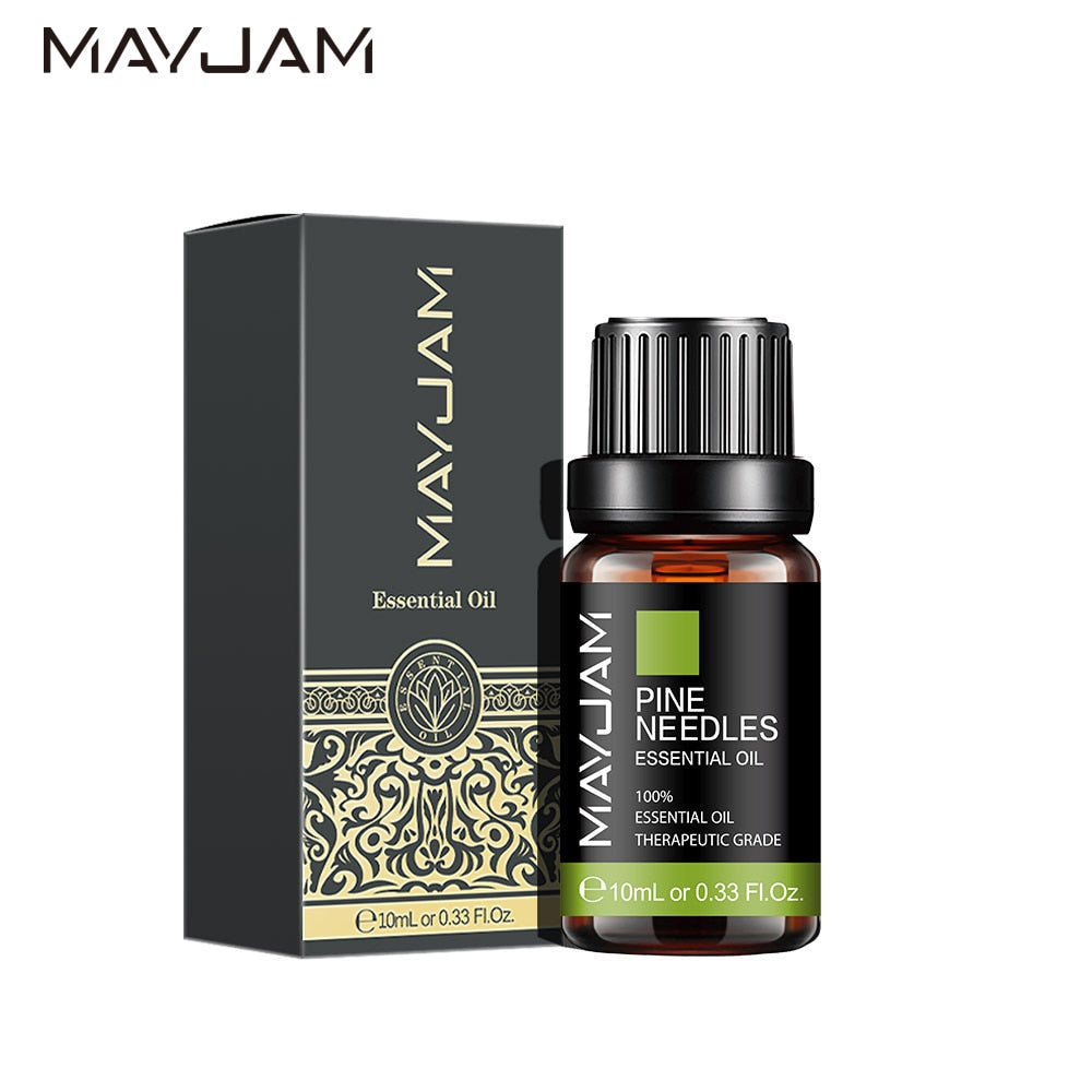 MayJam Pine Needles essential oil bottle and packaging on a white background