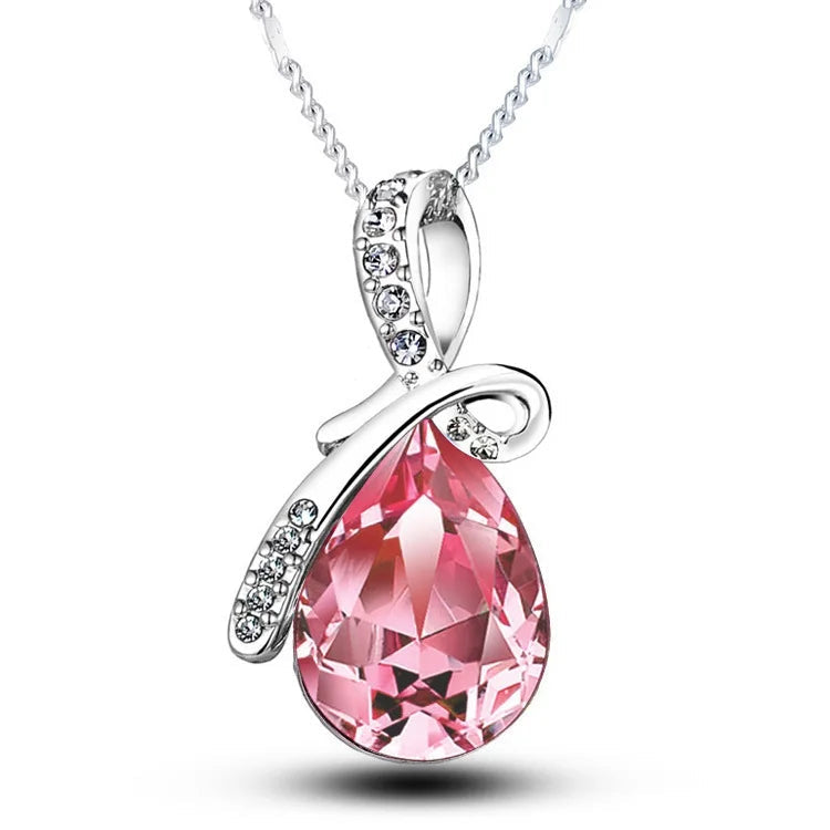Pink teardrop pendant necklace with silver chain on a white background, featuring the brand 'Giemi'.