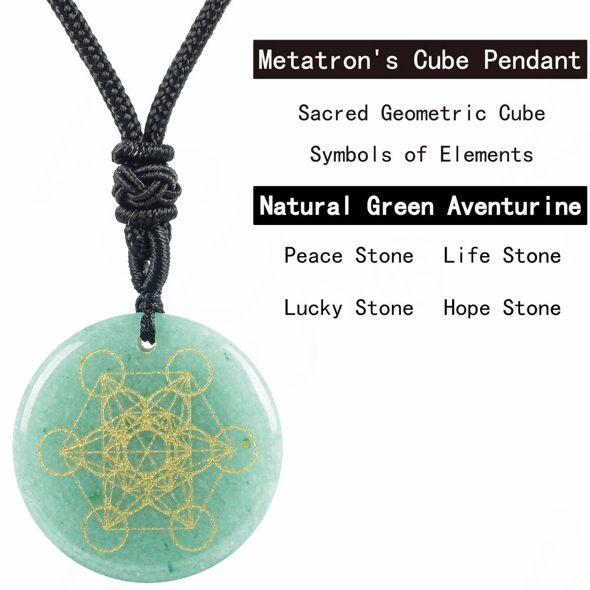 Green aventurine Metatron's Cube pendant on a black cord with text about its properties.
