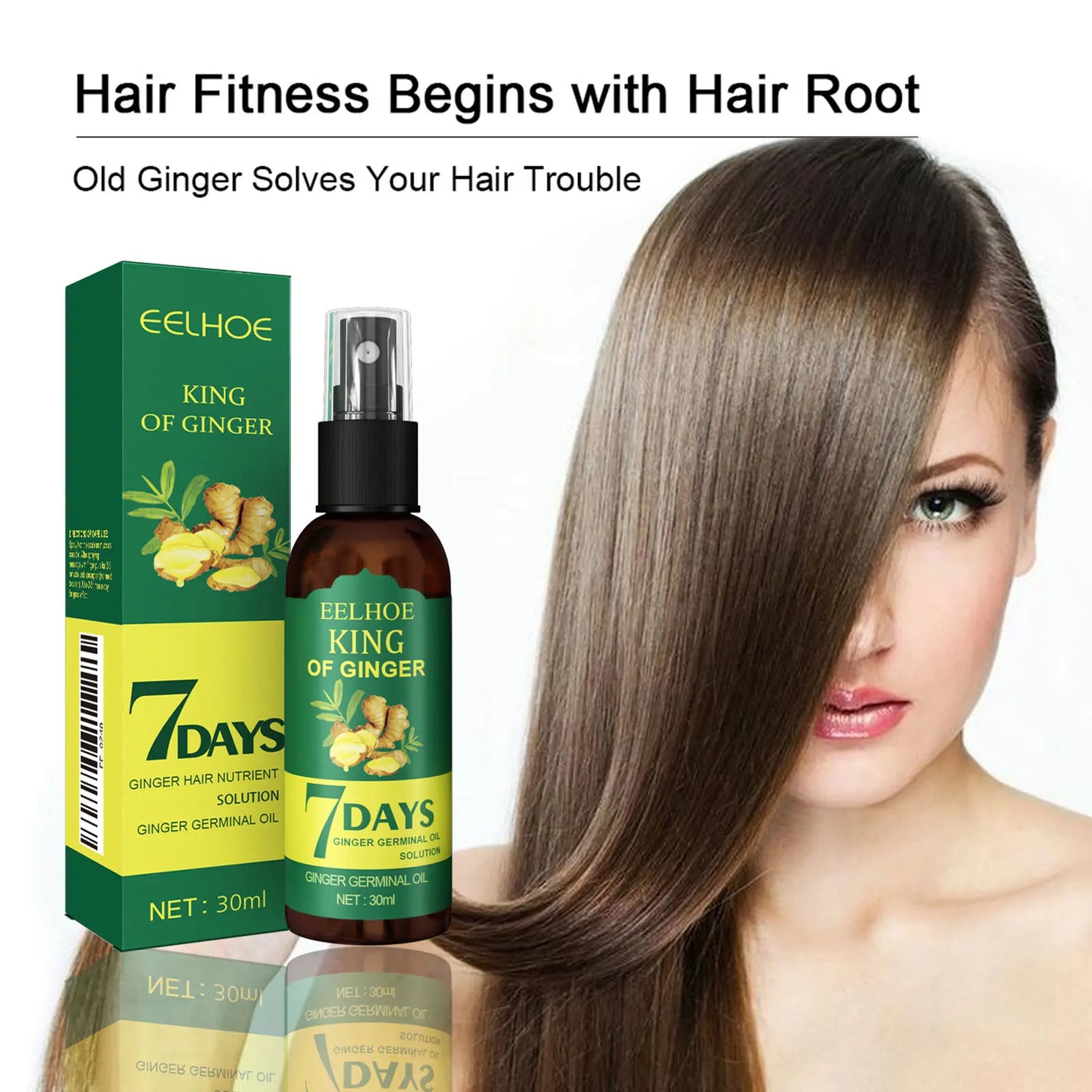 Eelhoe King of Ginger hair care product with a woman displaying long hair on a white background