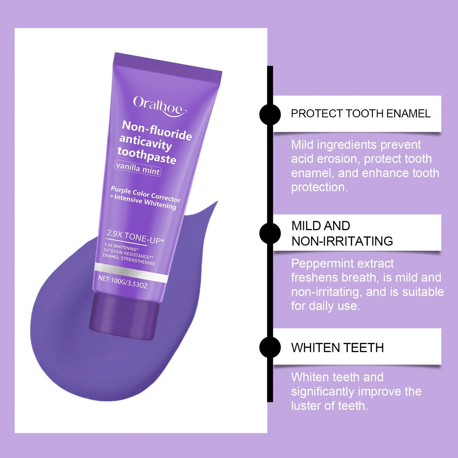 Oral-bee purple toothpaste tube on a purple background with text about product features.