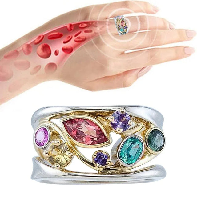 Multicolored gemstone ring on a hand with a close-up of skin texture.