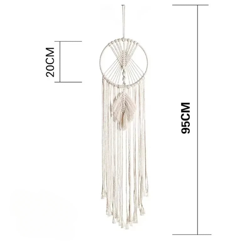 Macrame wall hanging with dimensions on a white background