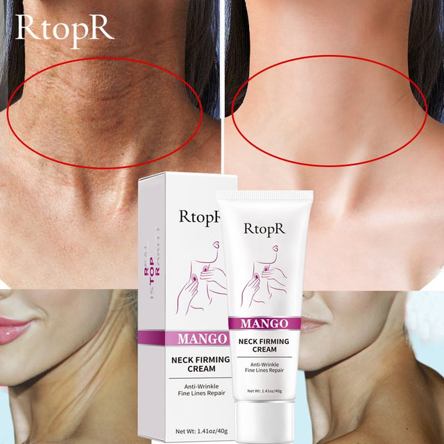 Neck firming cream packaging with before and after effects on neck skin.
