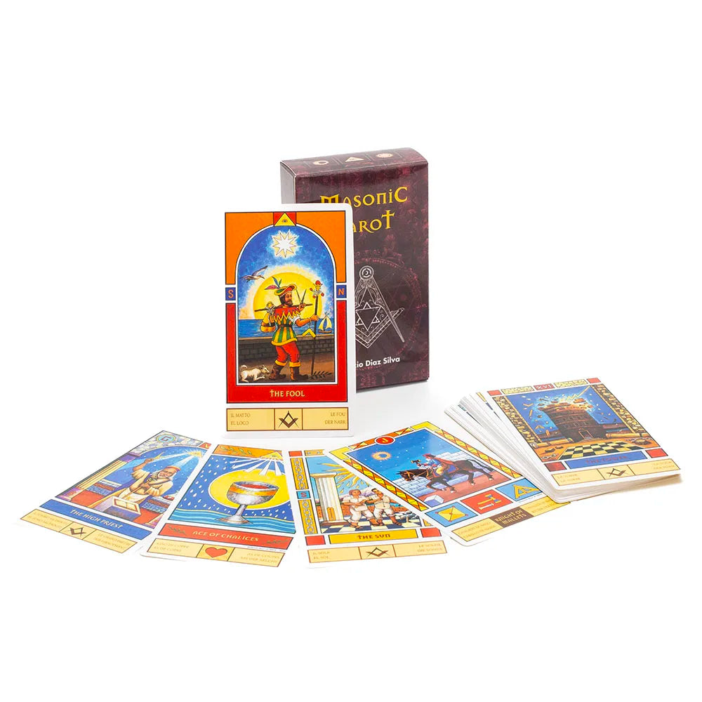 Masonic Tarot cards with deck, box, and cards displayed on a white background