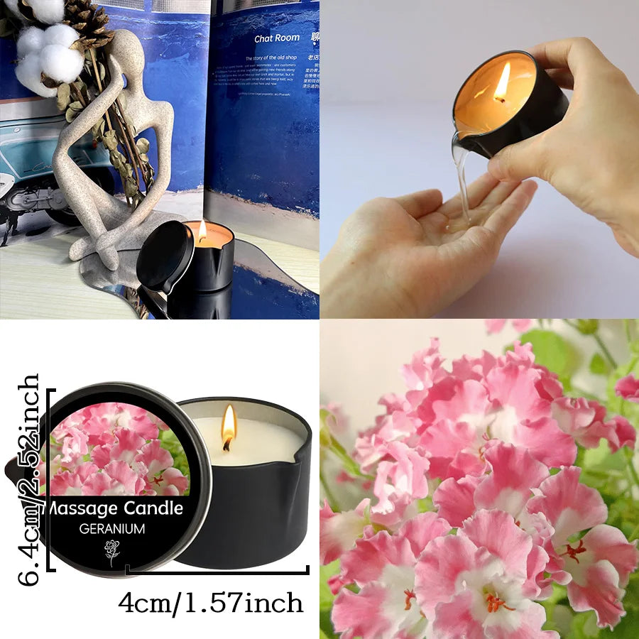 Collage of images including a massage candle, hands pouring wax, and flowers.