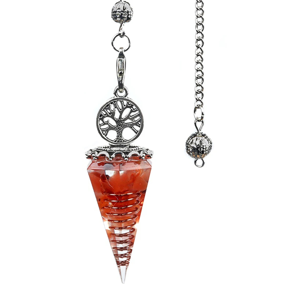 Crystal pendulum with tree of life design on a white background