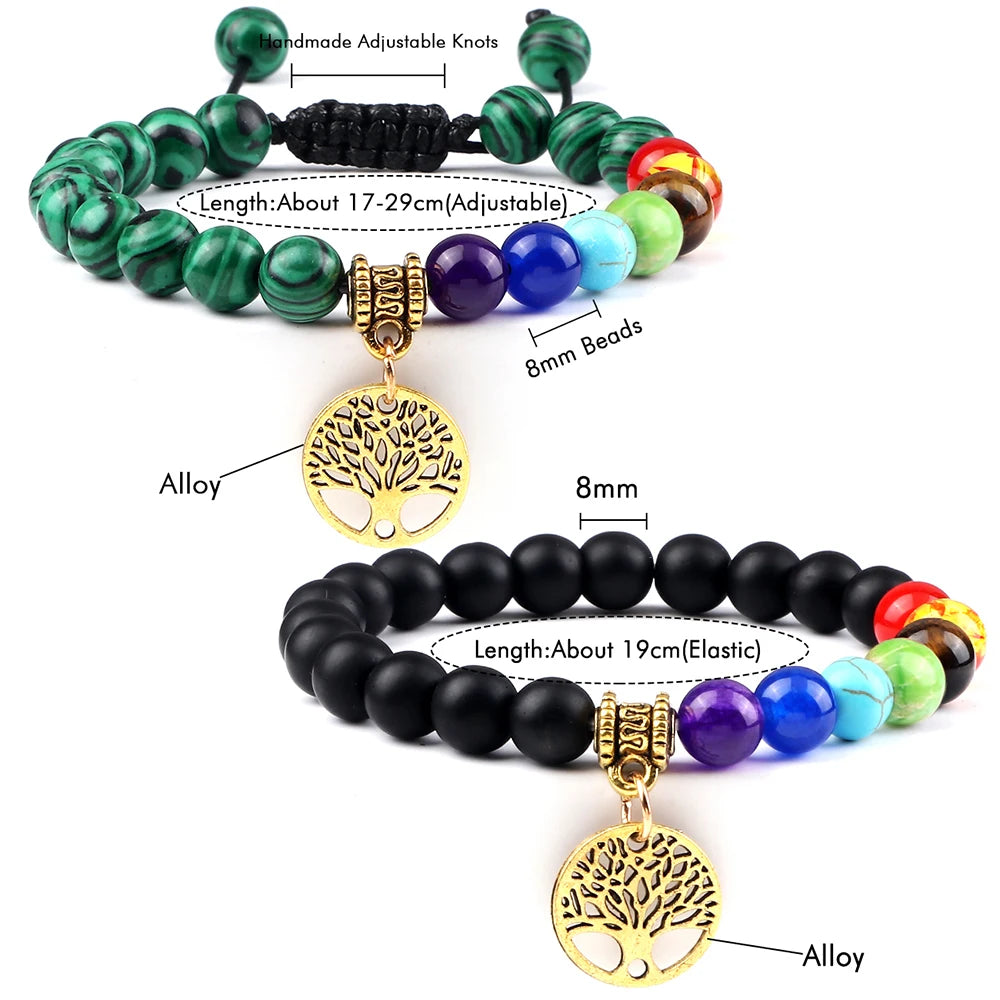 Two beaded bracelets with tree of life charms on a white background