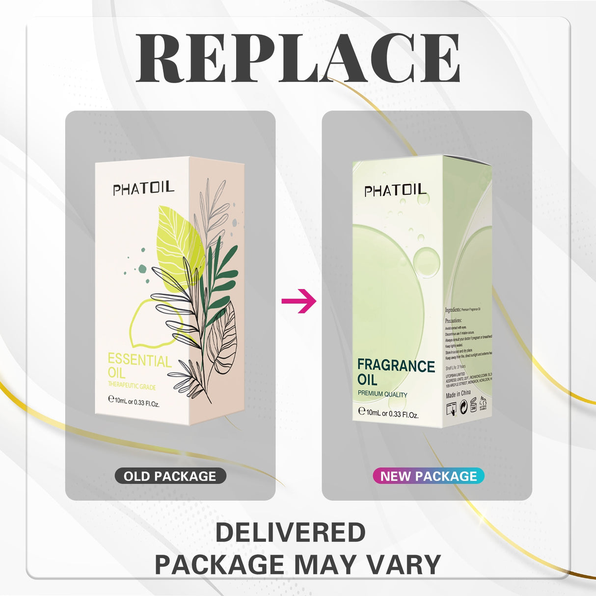 Comparison of old and new Phatoil packaging with text indicating a replacement message.