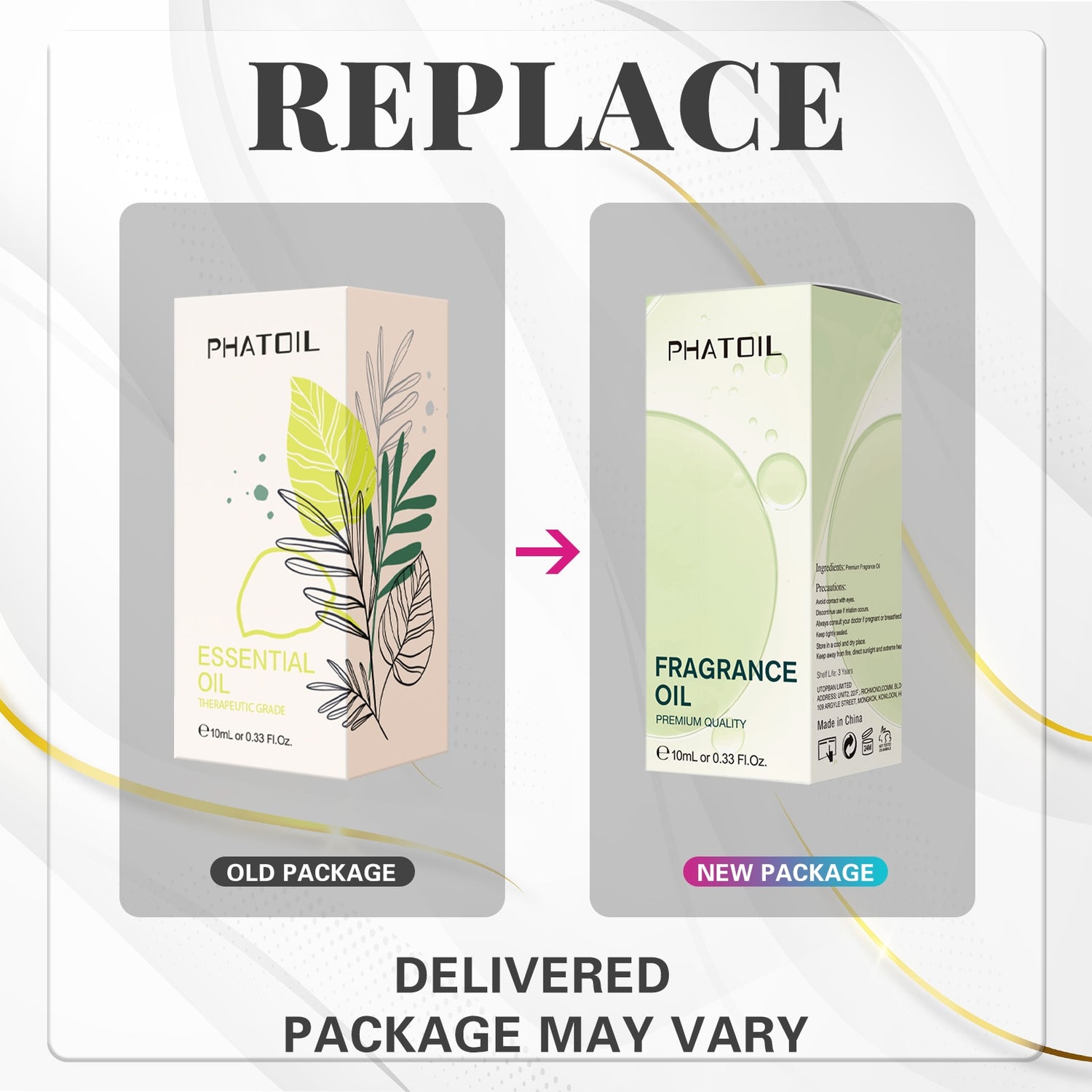 Comparison of old and new Phatoil packaging with text indicating a replacement message.