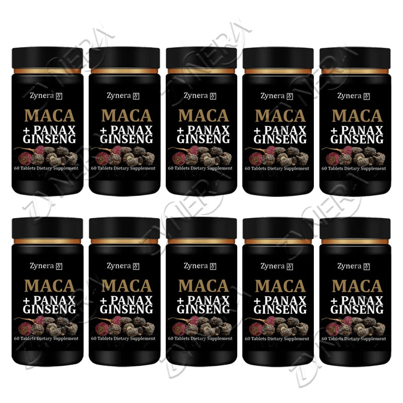 Multiple bottles of Zynera Maca + Panax Ginseng supplement on a white background