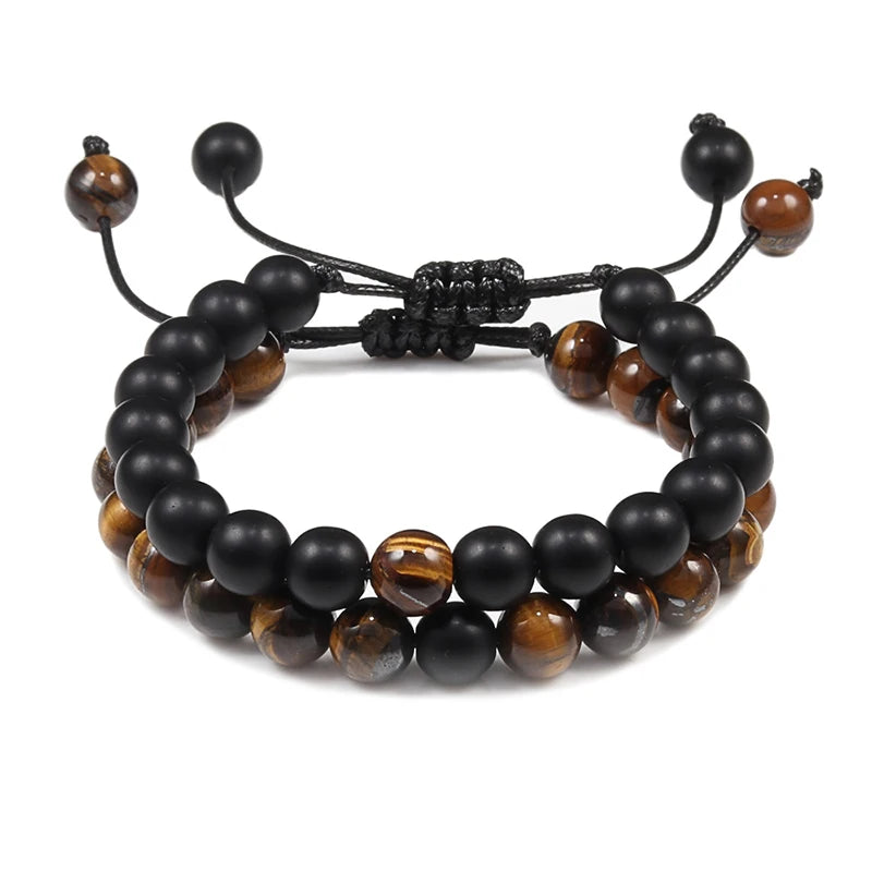 Black and brown beaded bracelet on a white background