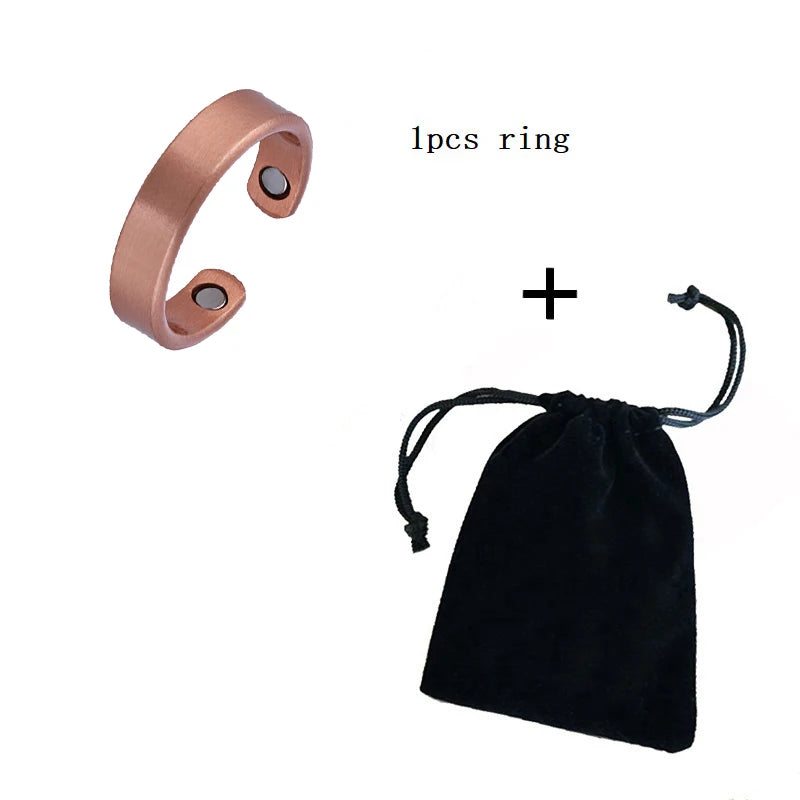Rose gold bracelet with magnetic stones and a black drawstring bag on a white background