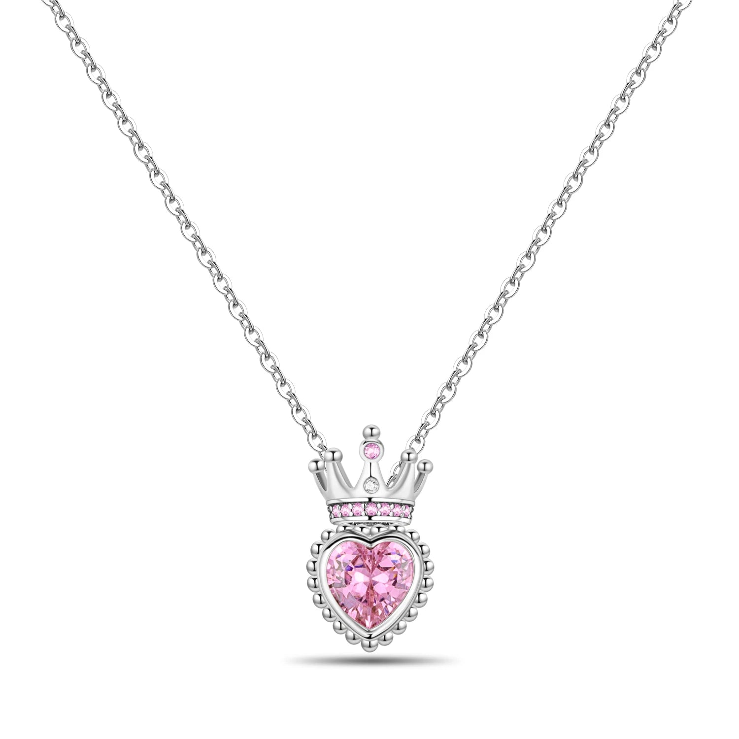Necklace with a heart-shaped pink gemstone pendant on a white background