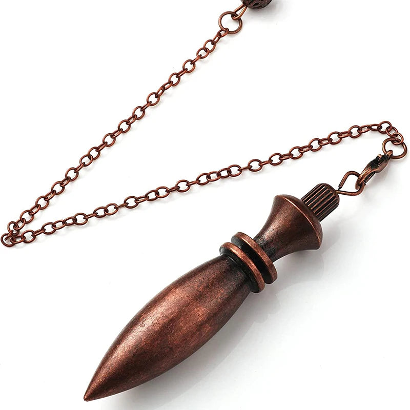 Bronze-colored dagger-shaped pendant on a chain against a white background