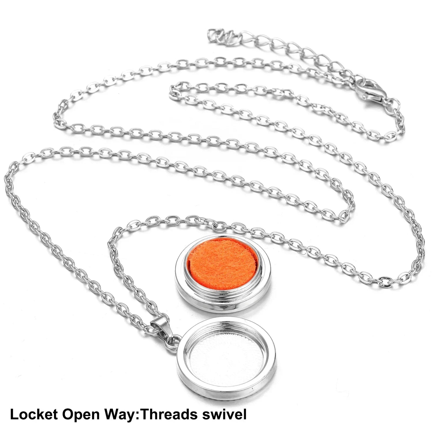 Necklace with a silver chain and orange locket on a white background