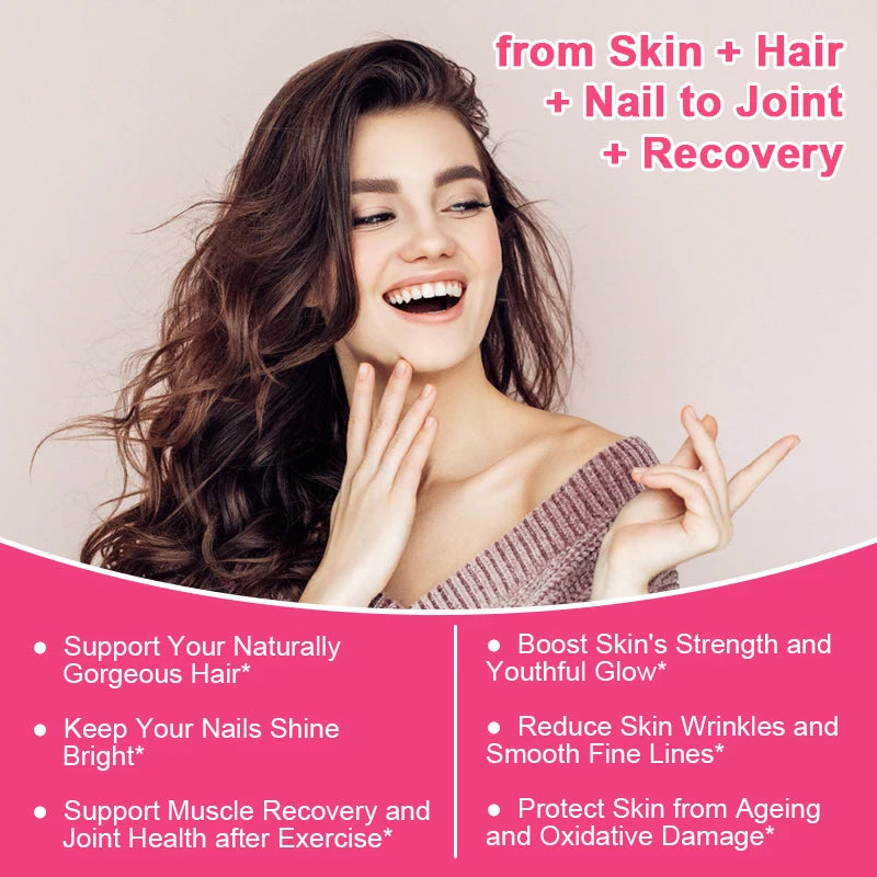 An Advertisement for healthy hair, skin, and nails with a woman's face, neck, and hands shown.